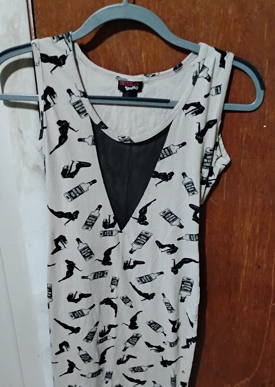 Switchblade Stiletto Pencil Dress, Whiskey bottles & woman's silhouette Print.